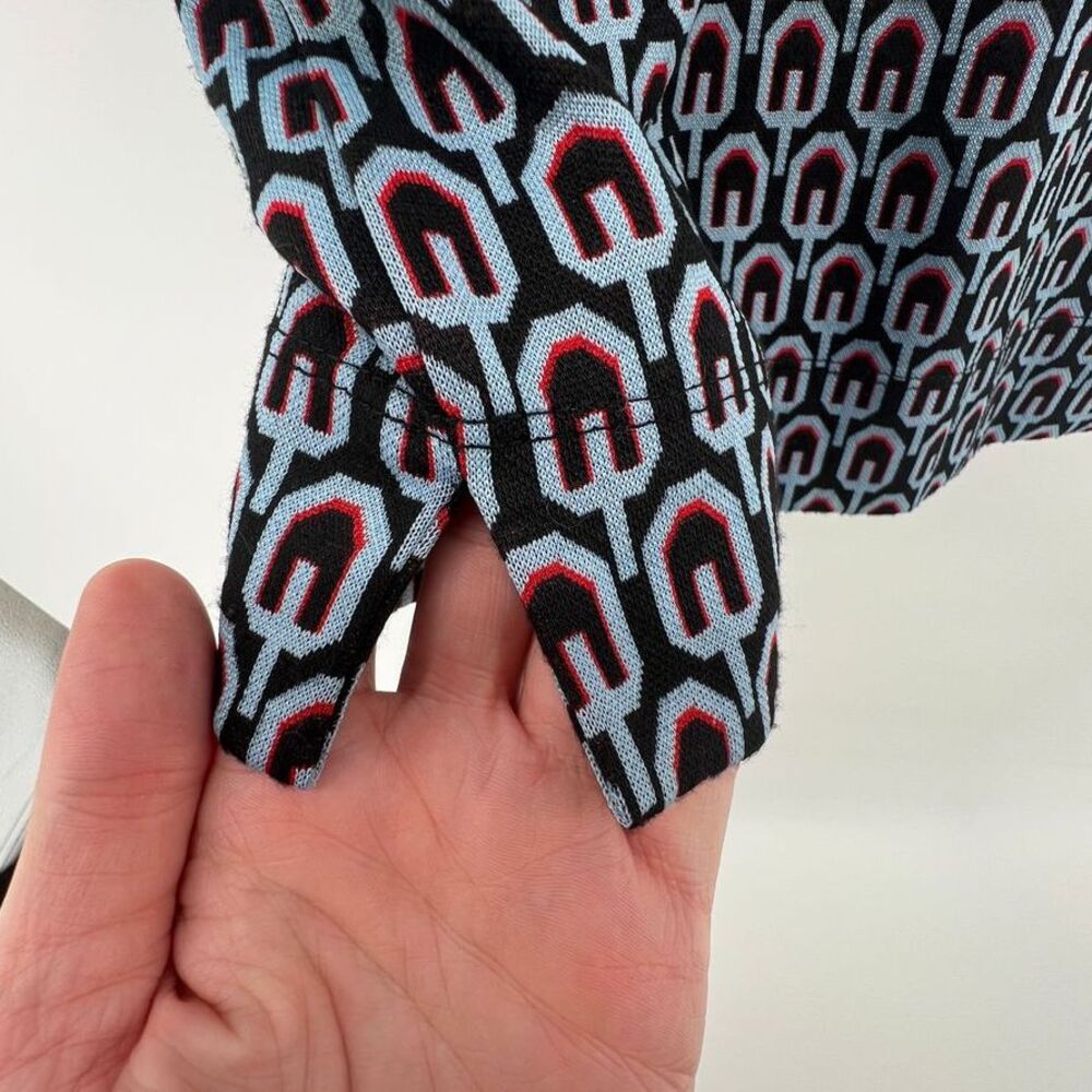 MNG by Mango Women L Printed Cotton Blend Thick Short Sleeve Shirt Black Blue - Picture 3 of 4